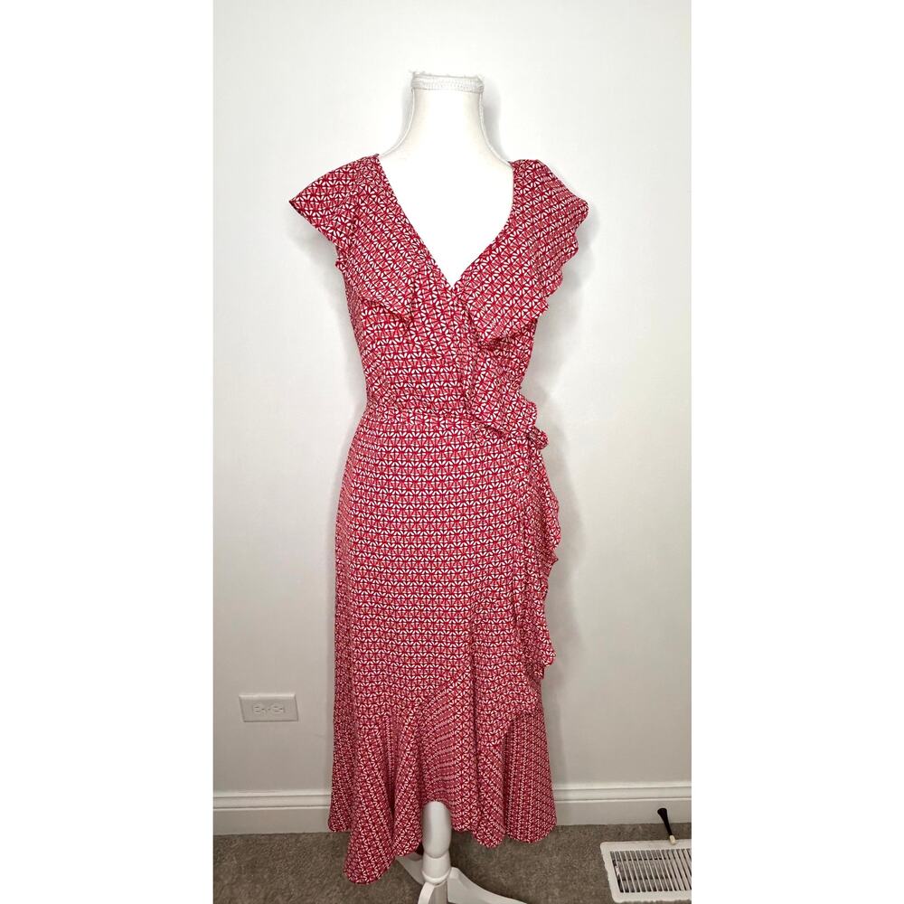 Max Studio Wrap Dress Women's M Red Floral Midi Cottagecore Peasant Boho Easter